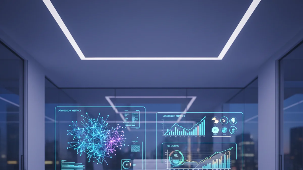 Ambiente corporativo futurista com tecnologia de IA para automação de campanhas de marketing